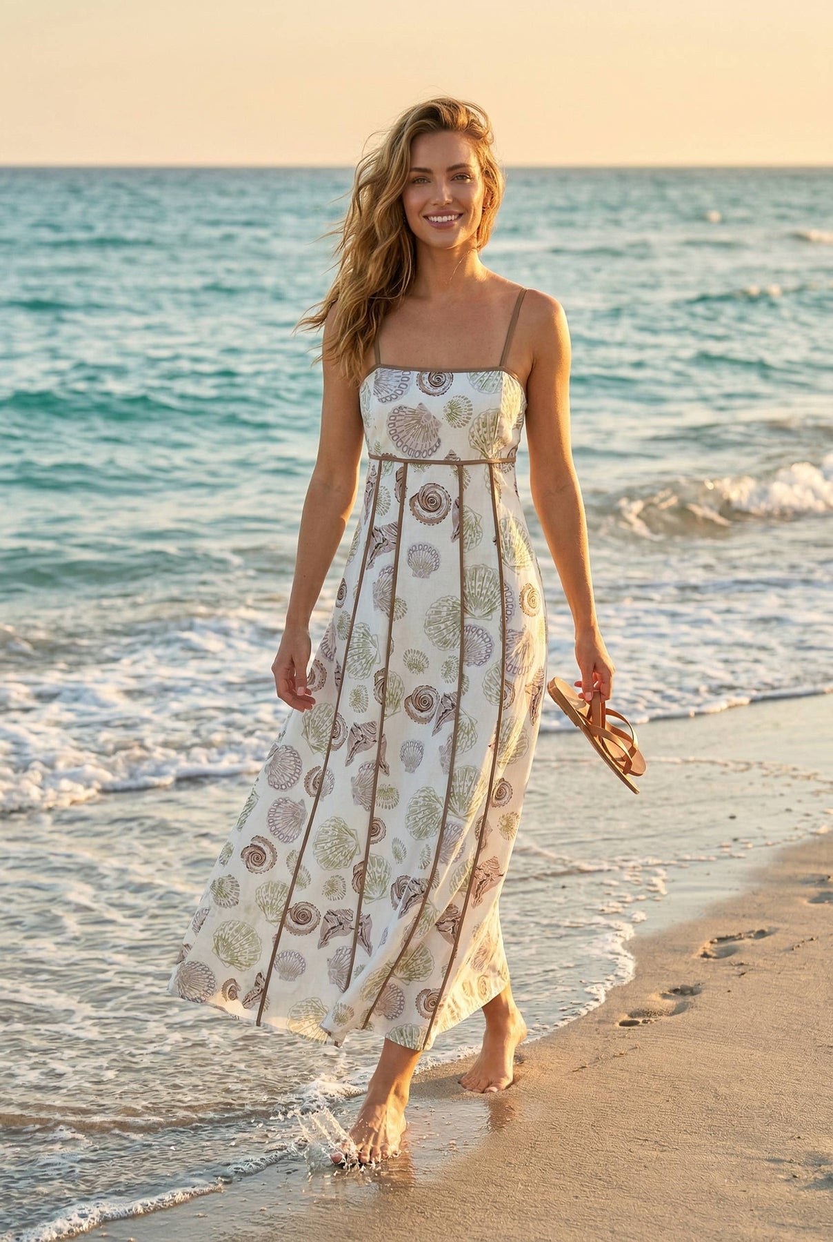 Fit and flare maxi dress made with seashell-print fabric – Open.And.True